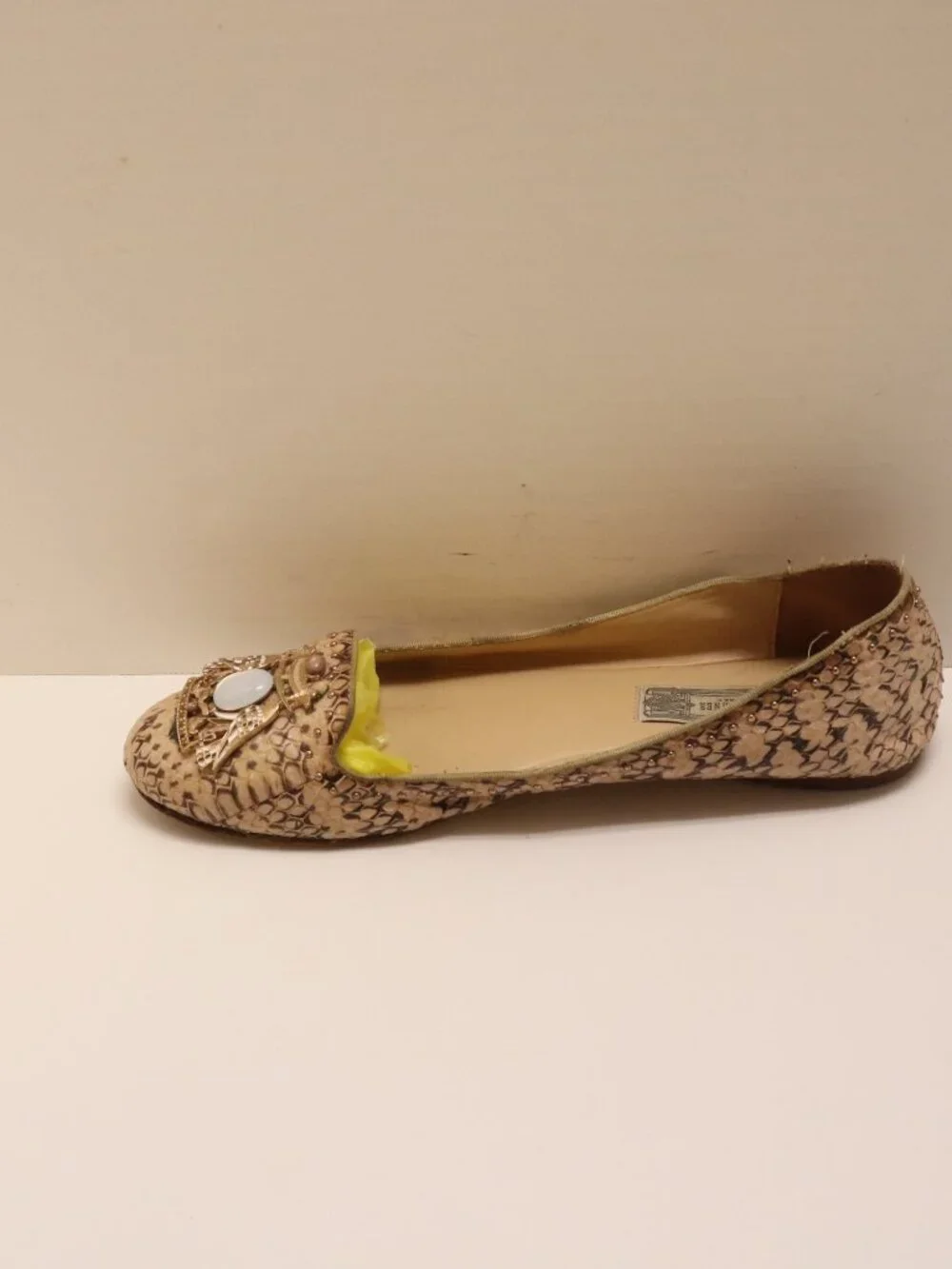 Ivy Kirzhner Snake Print Flats Women's Shoes with Gem Embellishment Beige